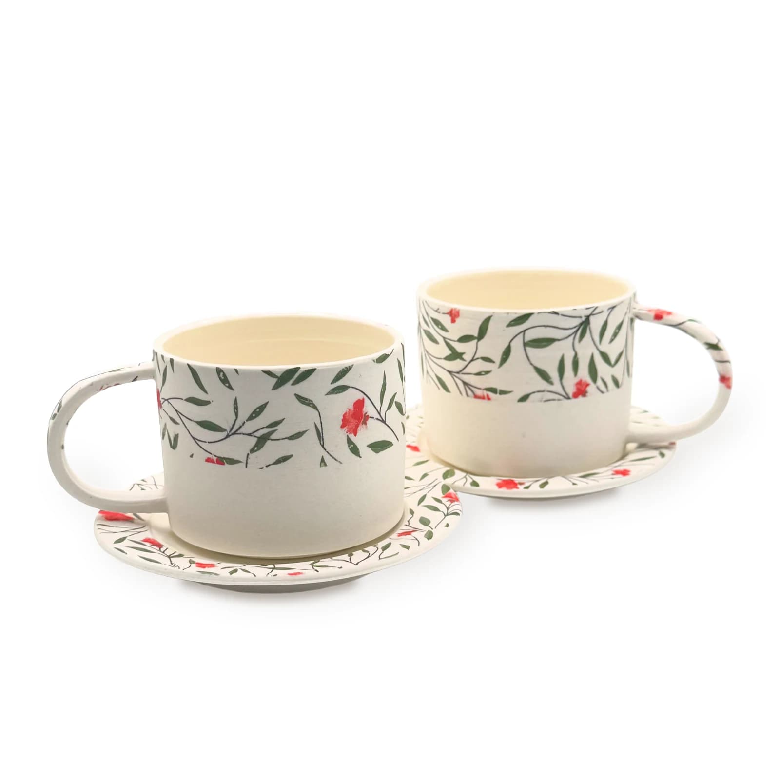 Les deux tasses et soucoupes Floraison (photo réelle) : décors différents, chaque tasse est unique, précisez votre choix